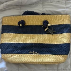 Lilly Pulitzer navy and straw colored stripped tote bag